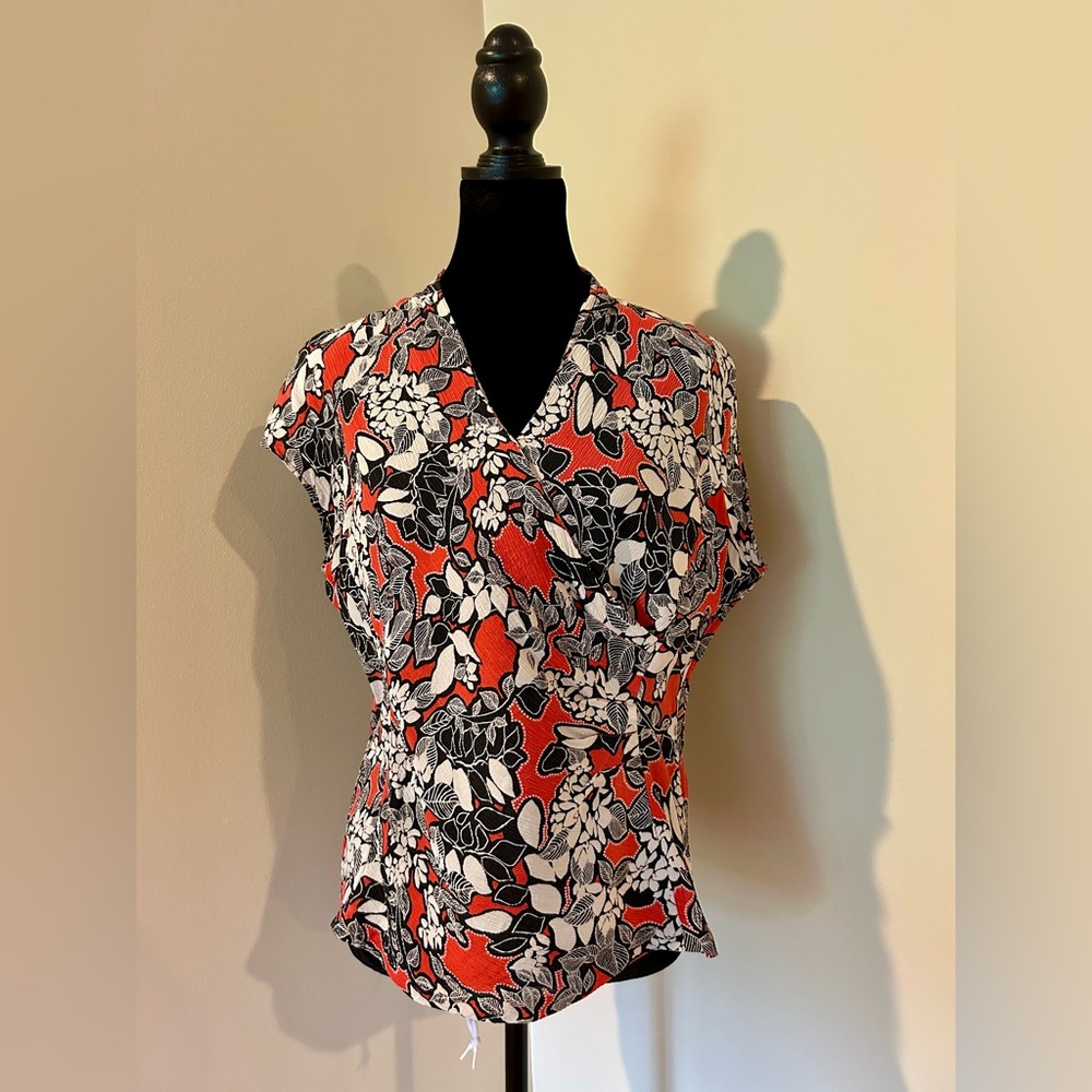 Talbots V-Neck Floral Silk Blouse - Red, Black, White